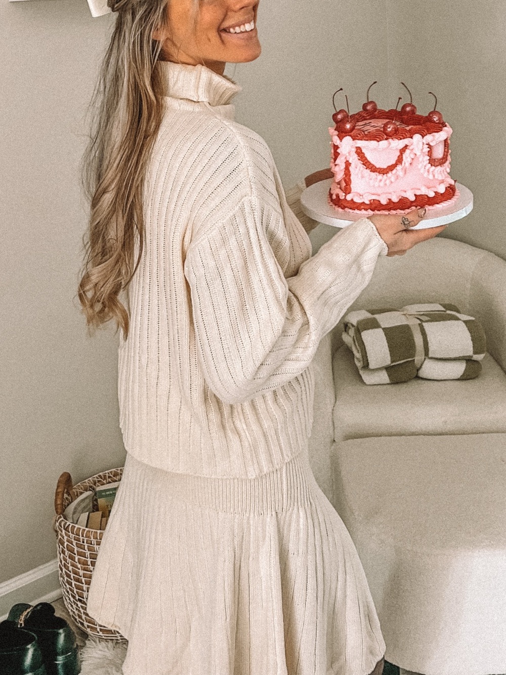Cozy Cream Ribbed Turtleneck Sweater & Skirt